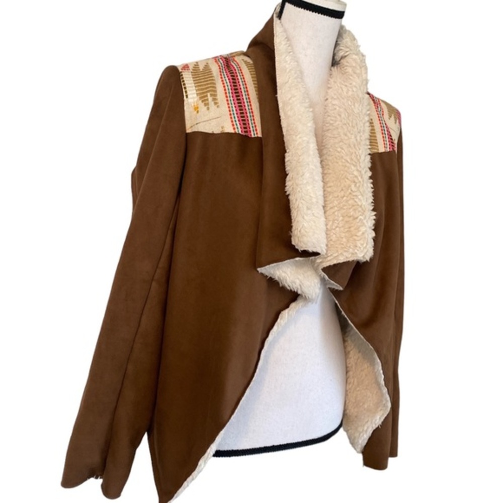 Judith March Boho Southwestern Faux Suede Shearling‎ Open Front Jacket size S - Picture 2 of 4
